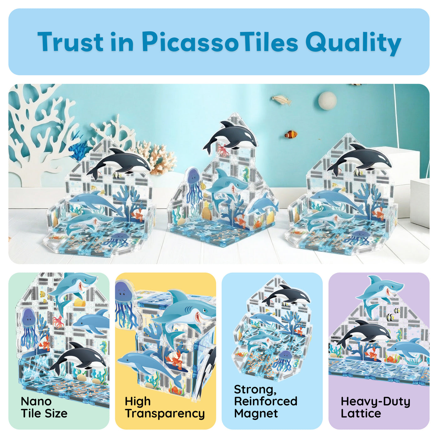 PicassoTiles Mini Magnetic Tiles Travel Set Aquarium 40pc