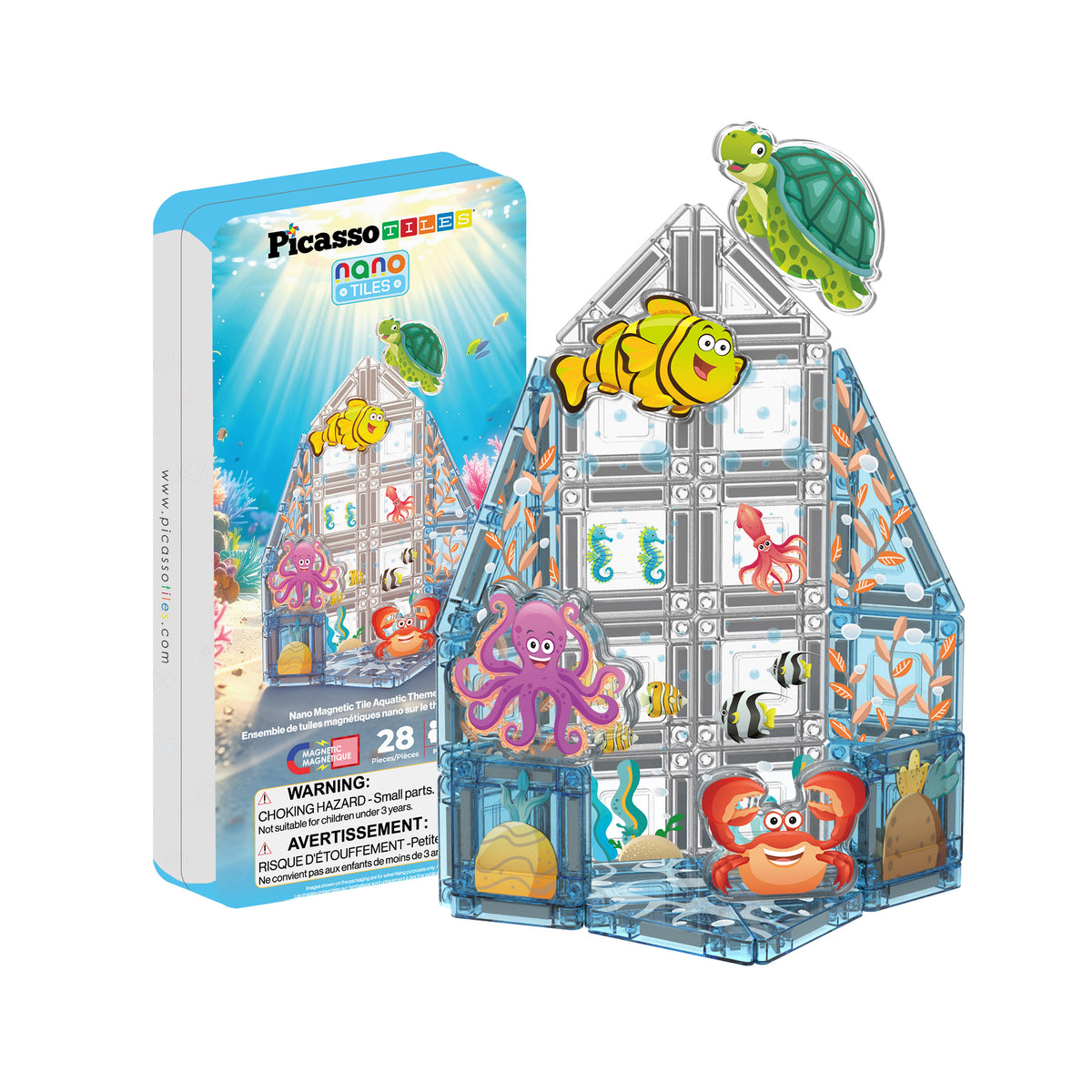 PicassoTiles Nano Tiles 28-piece underwater magnetic playset with sea life figures and travel case.   