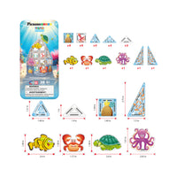 PicassoTiles Nano Tiles 28-piece ocean set piece breakdown diagram with tile and character dimensions.
