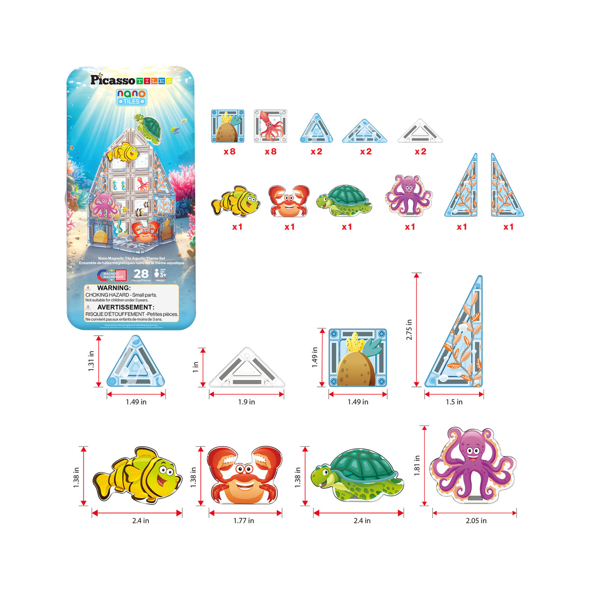 PicassoTiles Nano Tiles 28-piece ocean set piece breakdown diagram with tile and character dimensions.