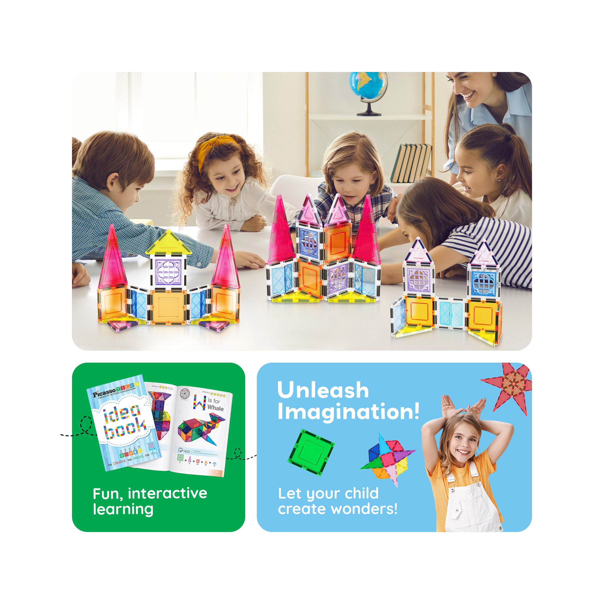 PicassoTiles Magnetic Tile Building Set with Windows and Doors - 21 Pieces