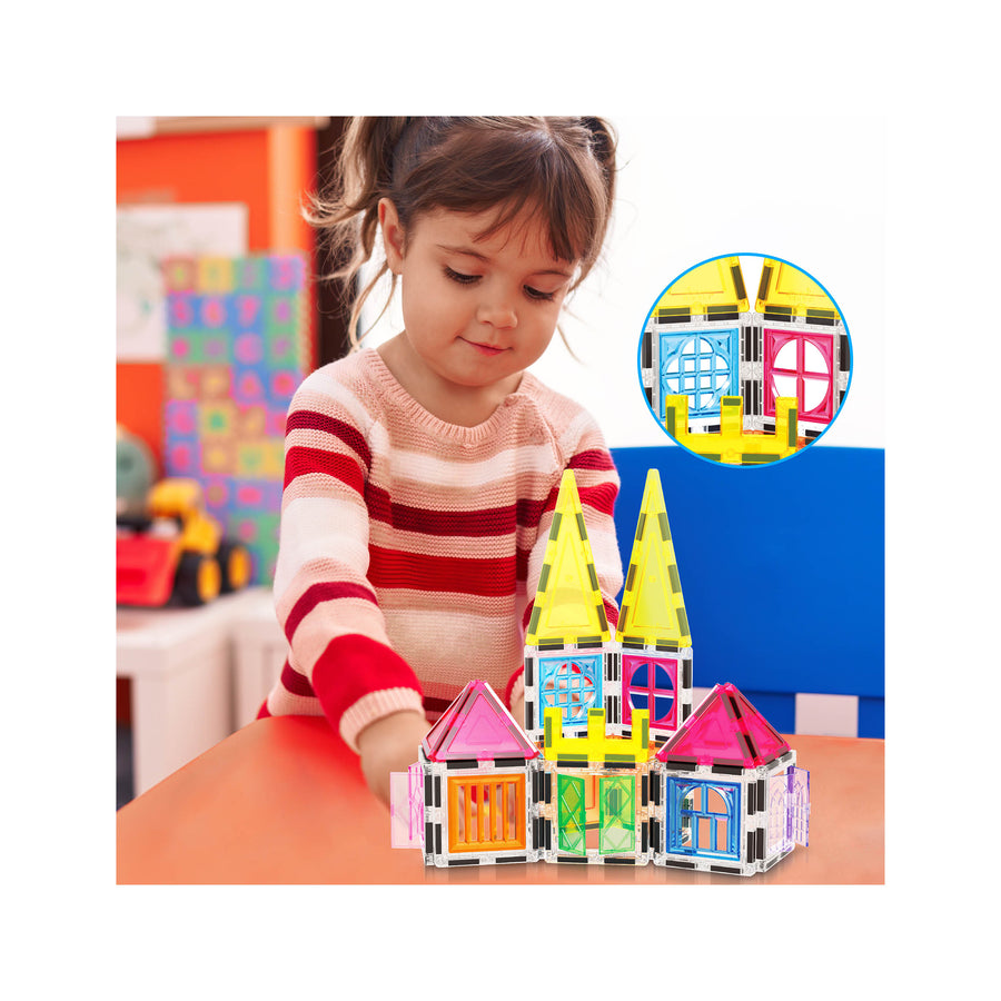 PicassoTiles Magnetic Tiles Building Set with Windows and Doors - 61 Pieces