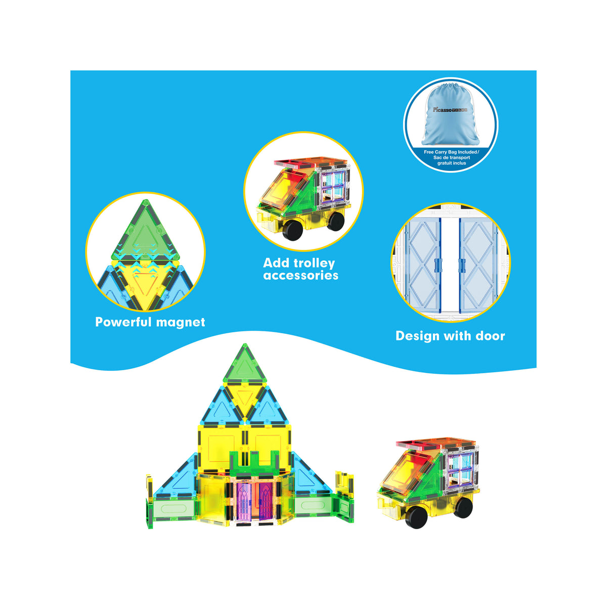 PicassoTiles Magnetic Tiles Building Set with Windows and Doors - 61 P ...