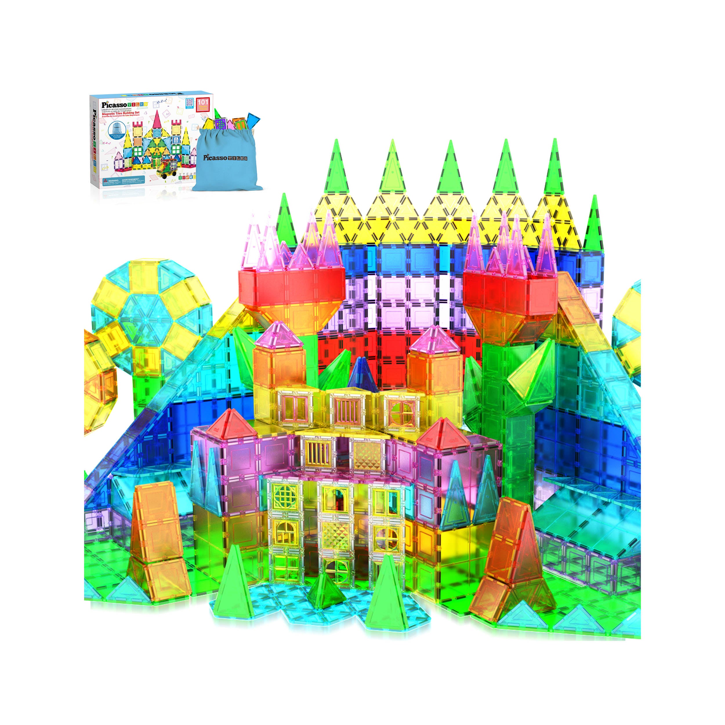 PicassoTiles Magnetic Tile Set with Windows, Doors, and Storage Bag - 101 Pieces