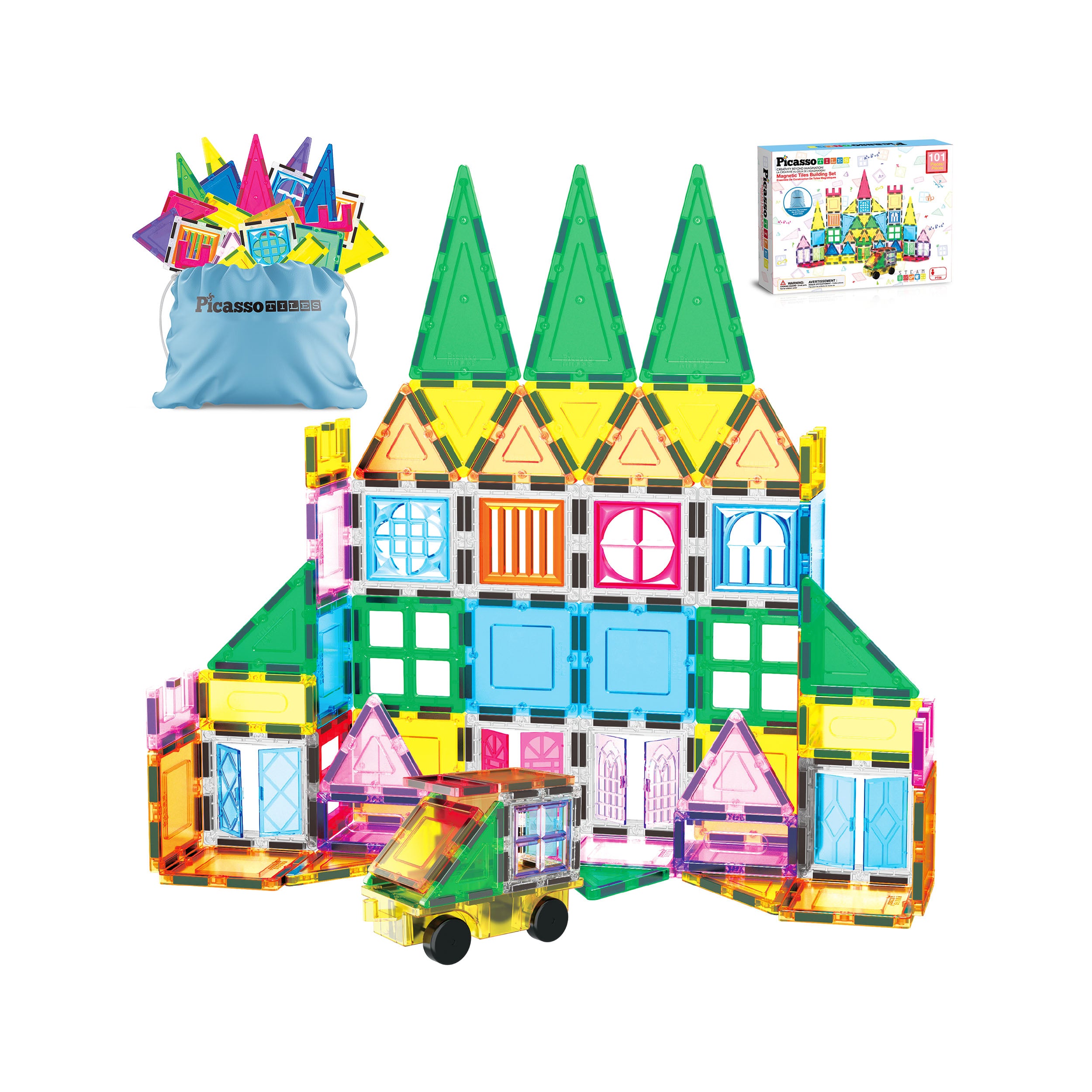 PicassoTiles 101pc Magnetic Tiles w/ Doors, Windows & Carry Bag