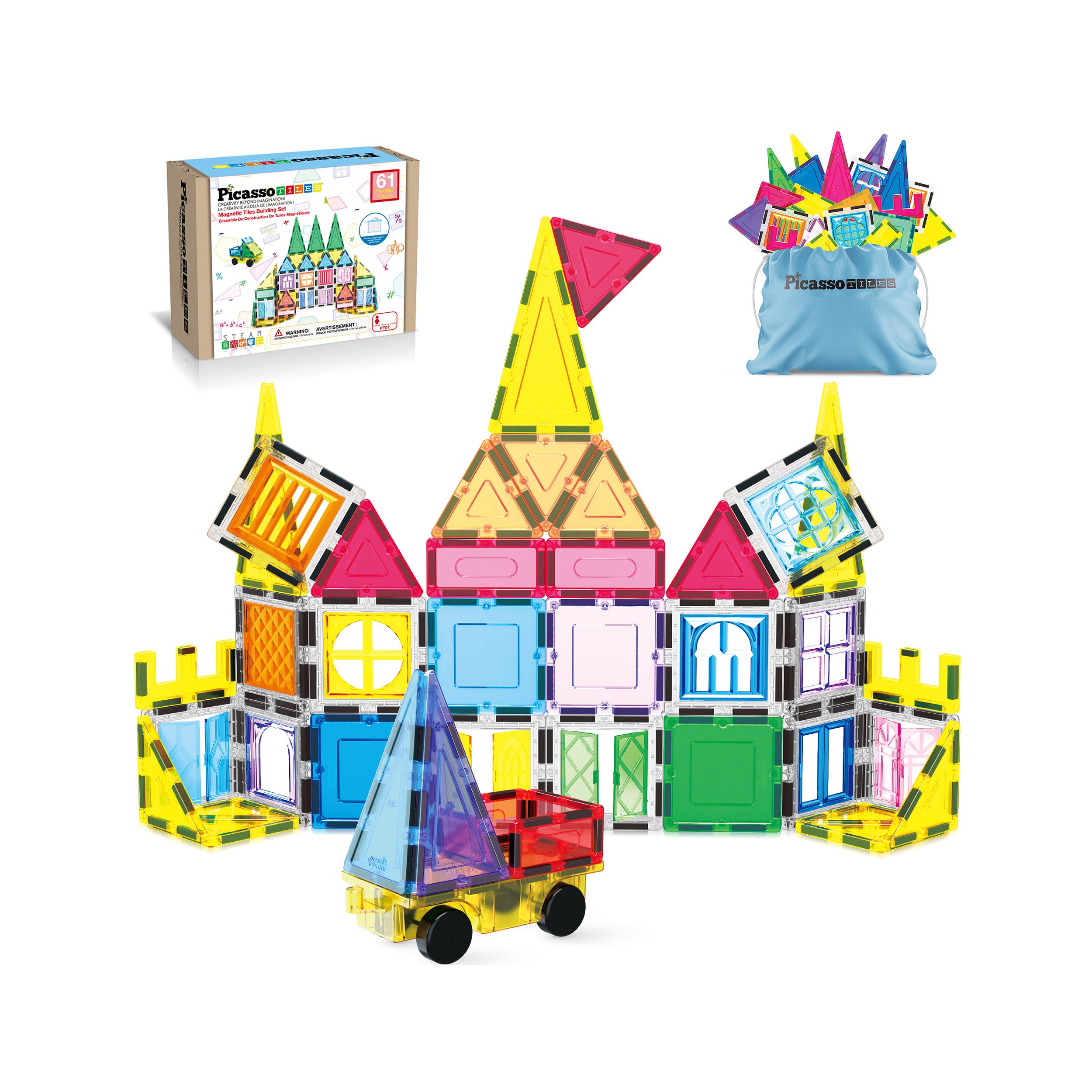PicassoTiles 61-Piece Magnetic Building Blocks Set  STEM Toy with Storage Bag
