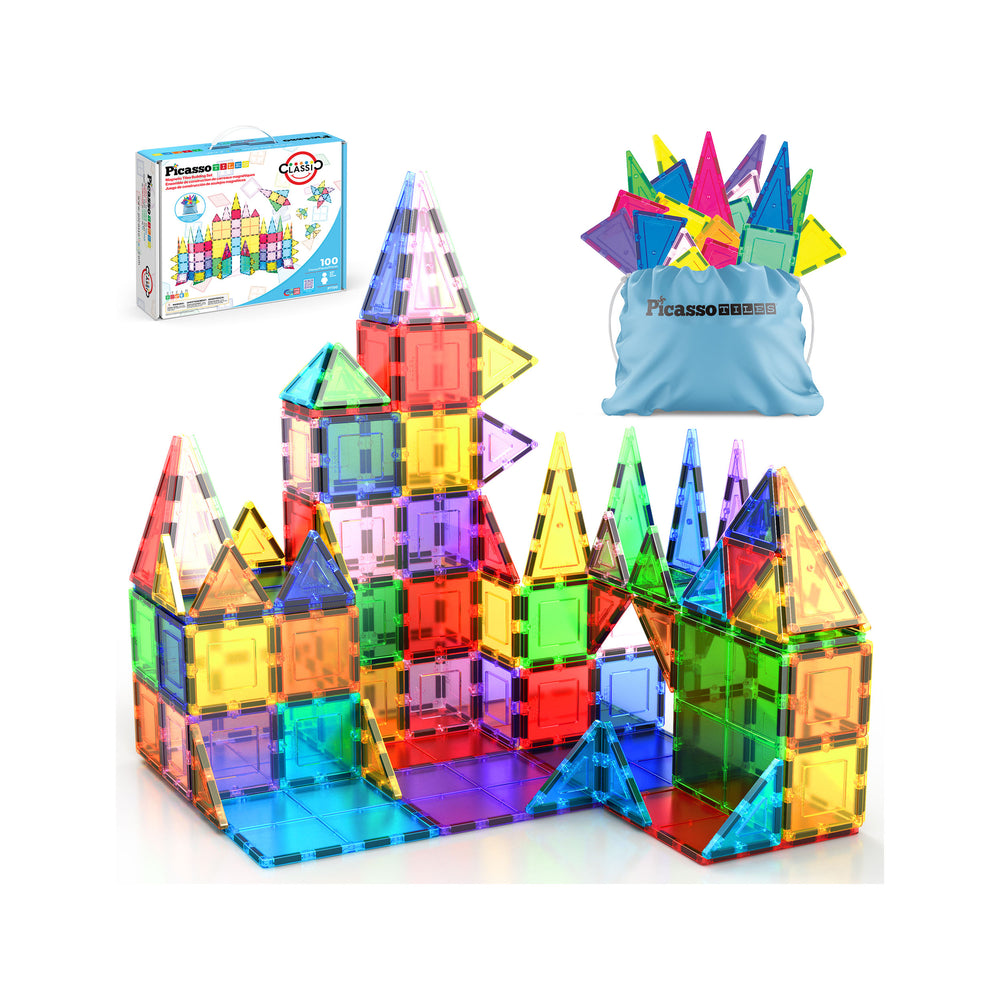 Large colorful castle built from magnetic tiles shown next to its product packaging and a blue storage bag