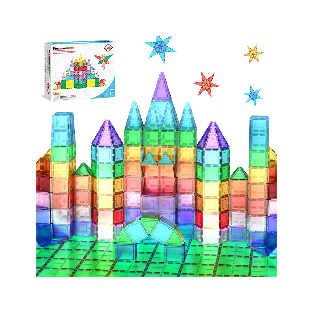 A large pastel castle built from magnetic tiles shown next to its product packaging and decorative star graphics.