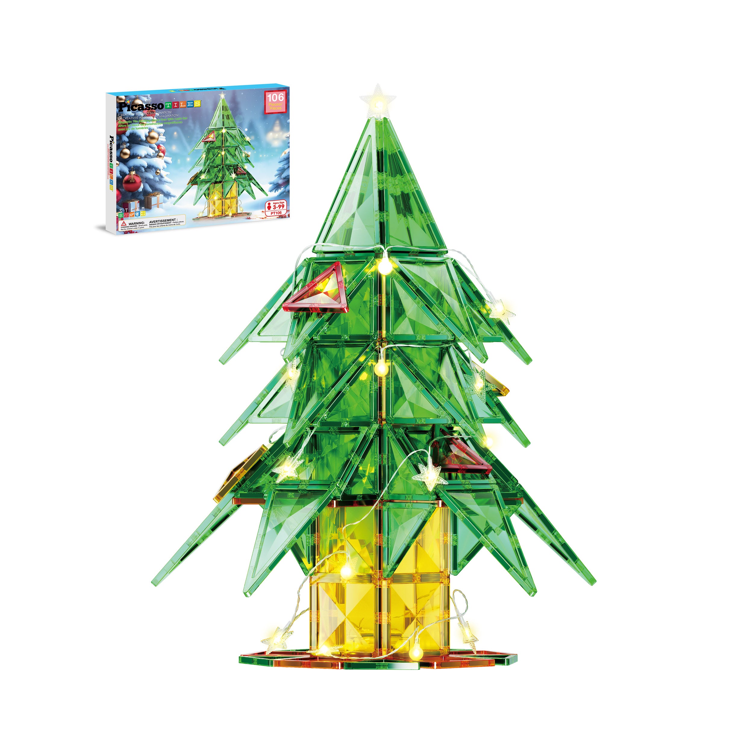 PicassoTiles 105pc Magnetic Tiles Holiday Christmas Tree Toy Set
