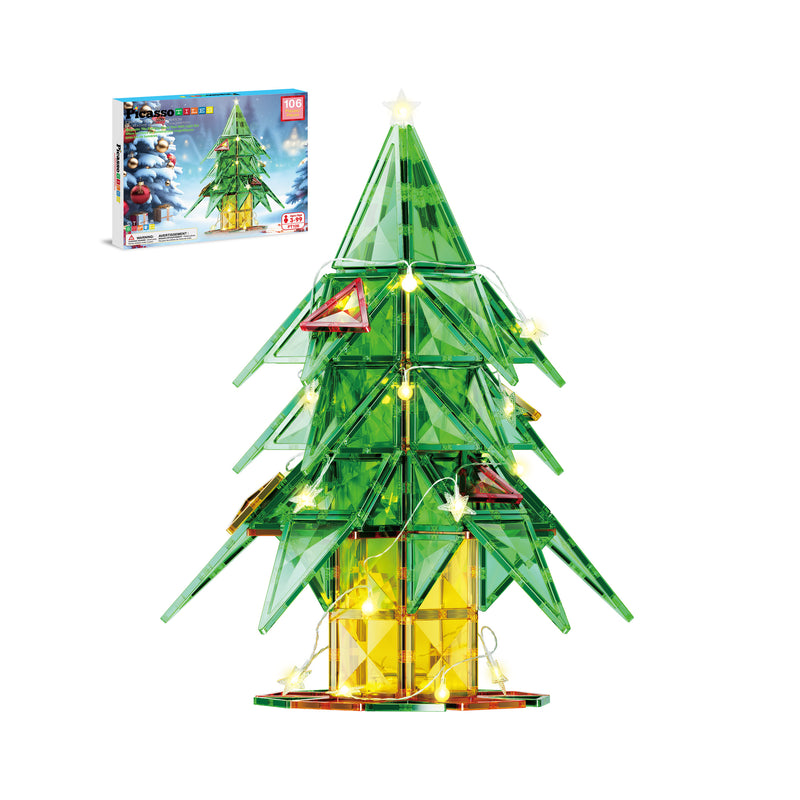 PicassoTiles Christmas tree magnetic tile set product box and assembled lit green tree with a star topper.