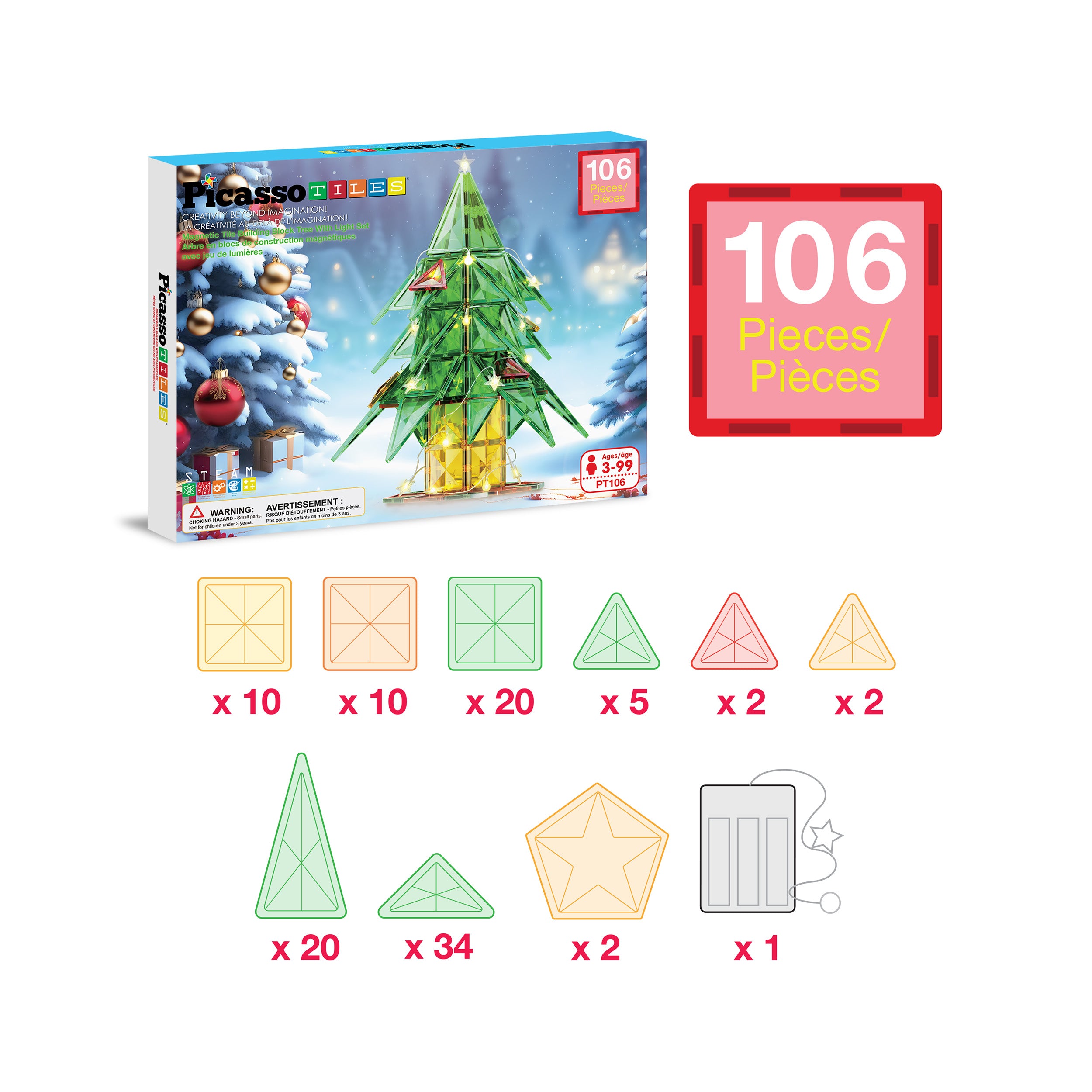 PicassoTiles 105pc Magnetic Tiles Holiday Christmas Tree Toy Set