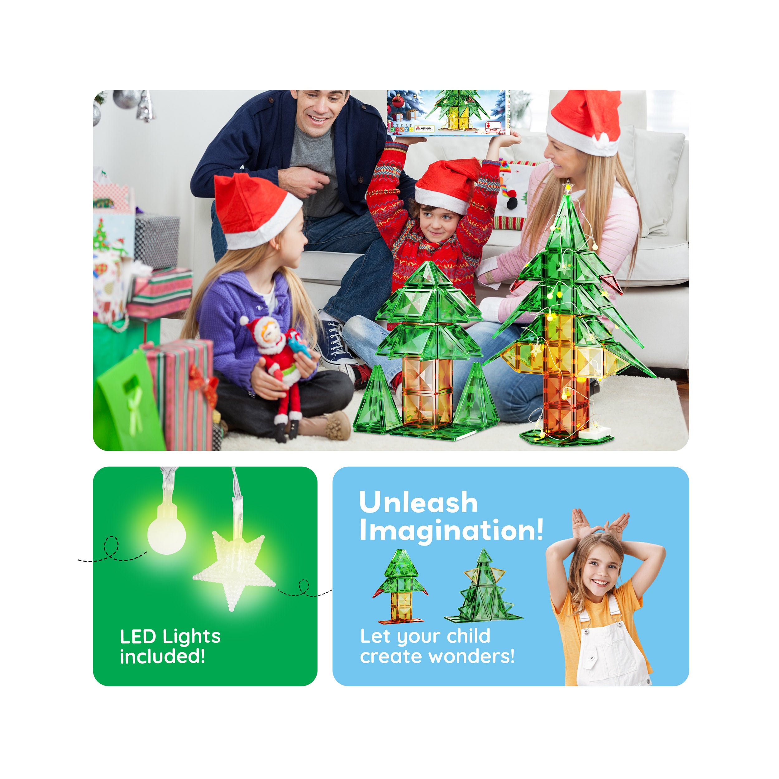 PicassoTiles 105pc Magnetic Tiles Holiday Christmas Tree Toy Set