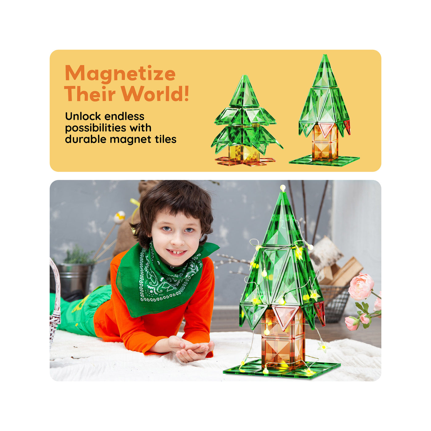 PicassoTiles 105pc Magnetic Tiles Holiday Christmas Tree Toy Set
