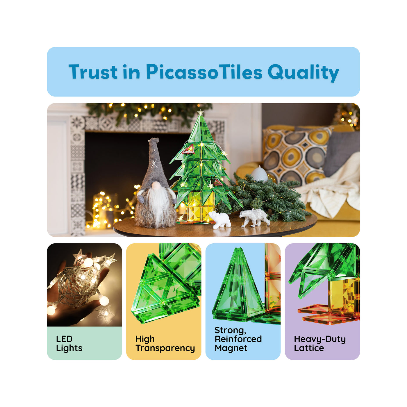 PicassoTiles 105pc Magnetic Tiles Holiday Christmas Tree Toy Set