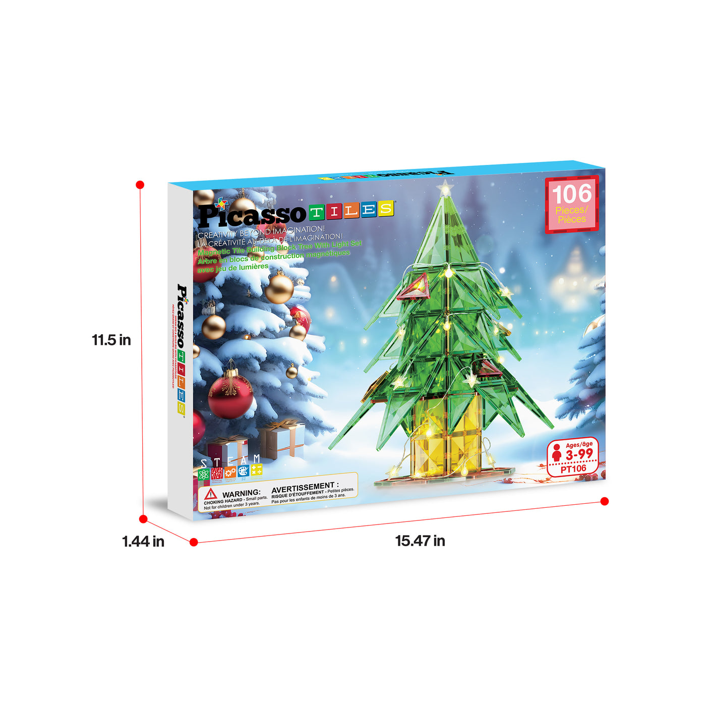 PicassoTiles 105pc Magnetic Tiles Holiday Christmas Tree Toy Set