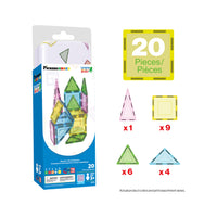 PicassoTiles 20-piece magnetic building set packaging displaying specific tile quantities: 1 tall triangle, 9 squares, 6 triangles, and 4 right triangles.