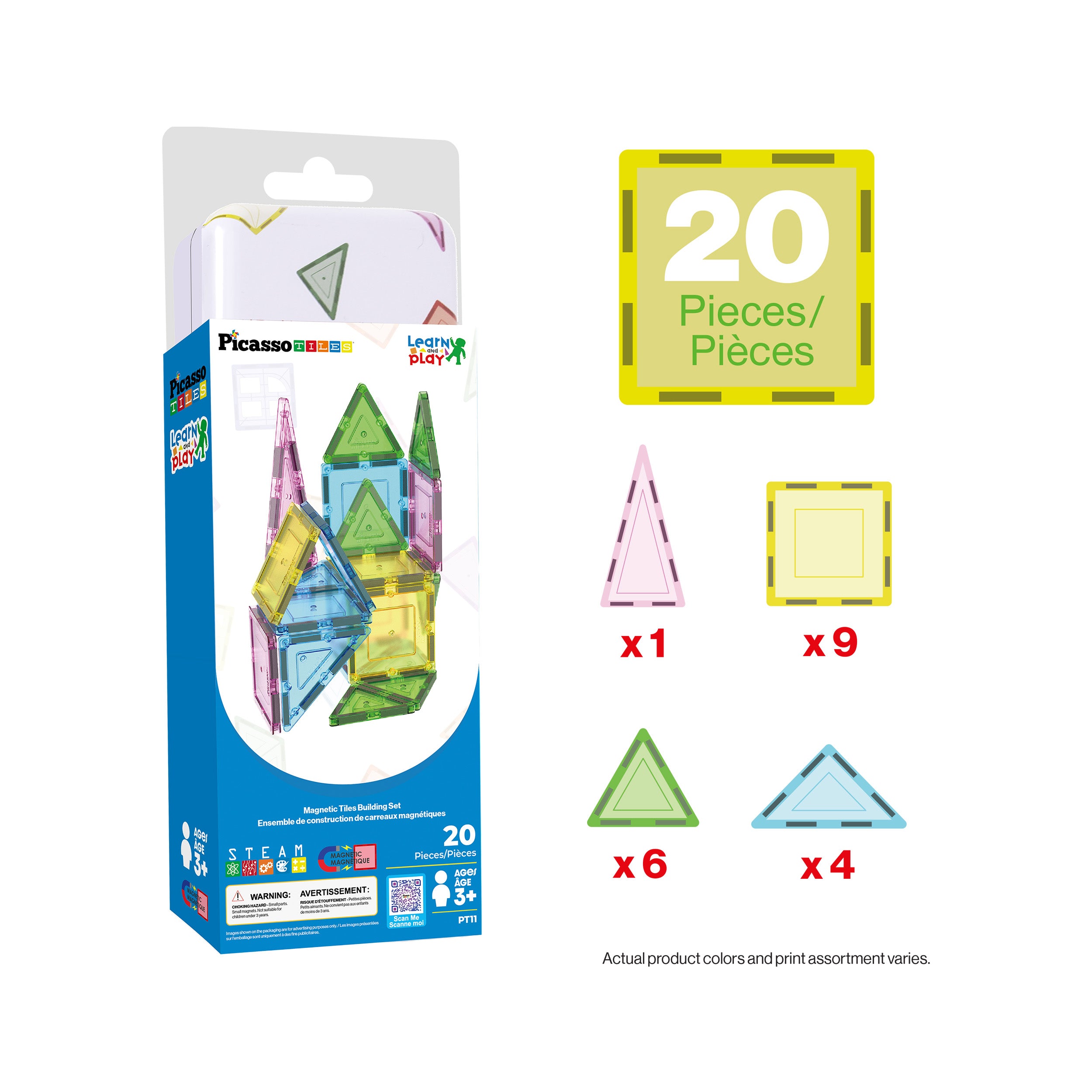 PicassoTiles 20-piece magnetic building set packaging displaying specific tile quantities: 1 tall triangle, 9 squares, 6 triangles, and 4 right triangles.