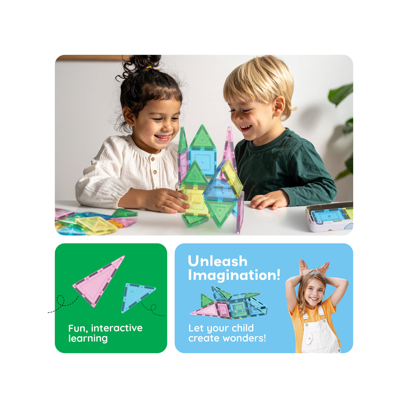Two children playing with magnetic blocks next to graphics reading "Fun, interactive learning" and "Unleash Imagination!"