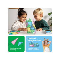Two children playing with magnetic blocks next to graphics reading "Fun, interactive learning" and "Unleash Imagination!"
