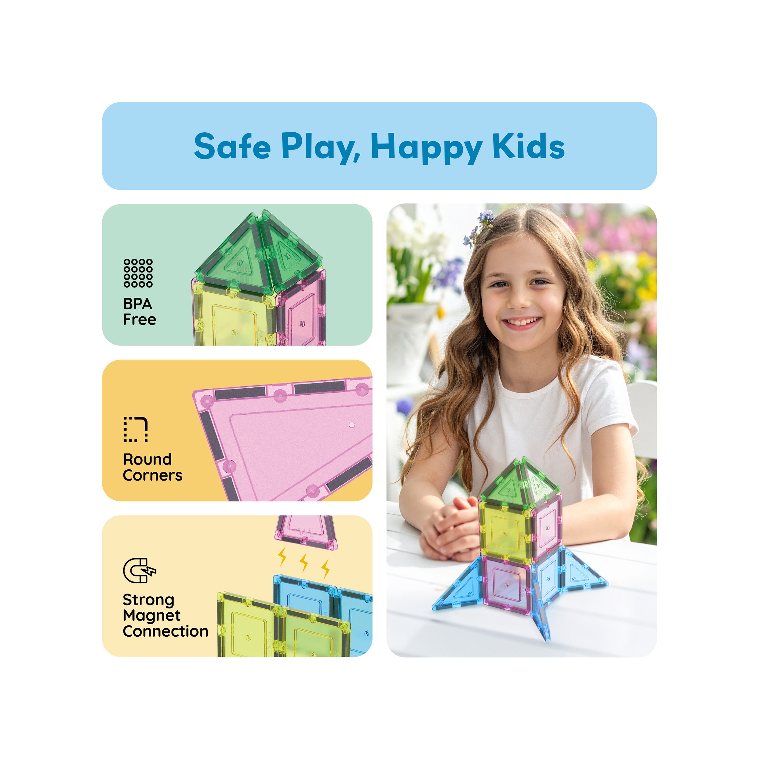 A smiling girl with a magentic tiles rocket next to "BPA Free," "Round Corners," and "Strong Magnet Connection" safety graphics.