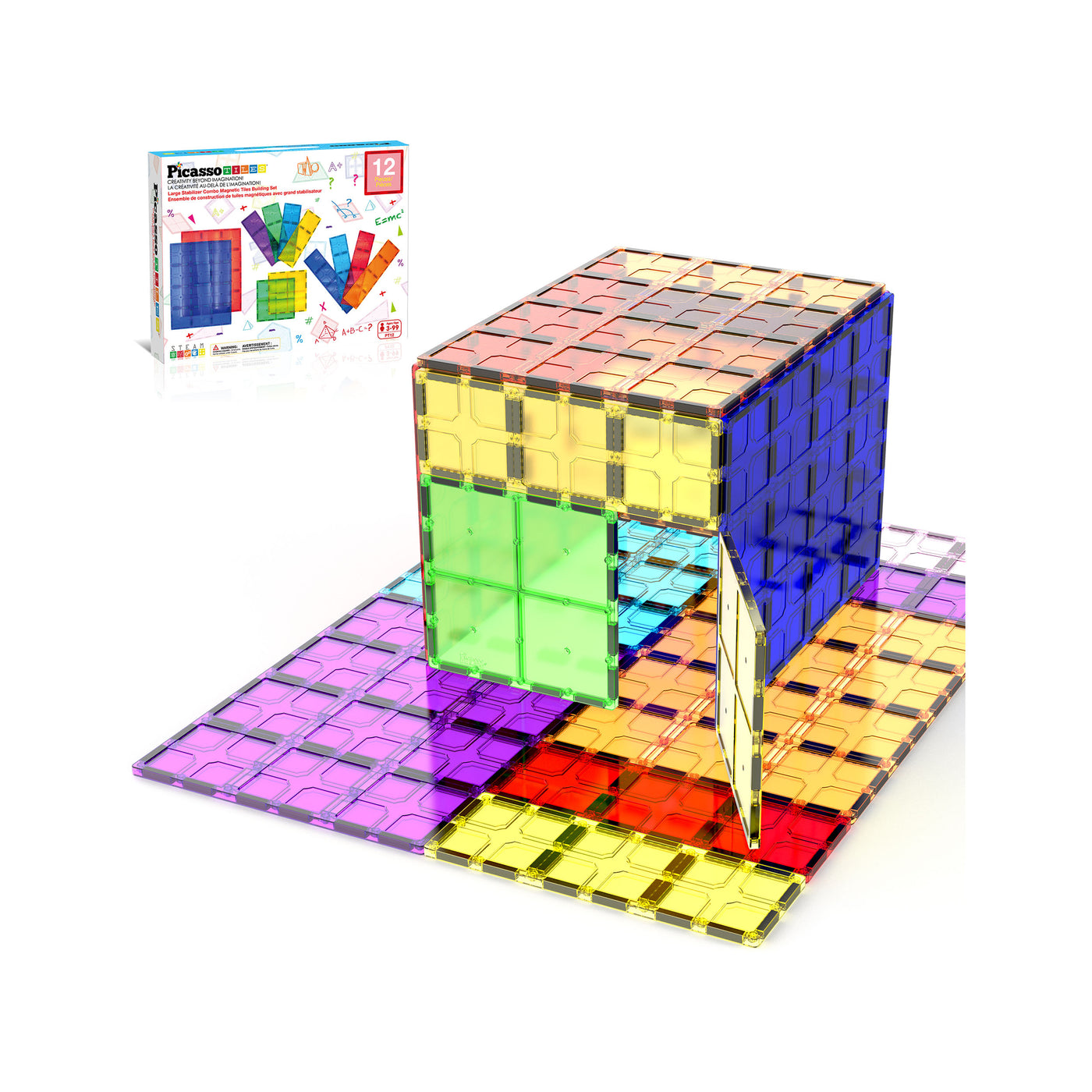 Colorful magnet tiles arranged in a tall tower structure, showcasing large foundation pieces