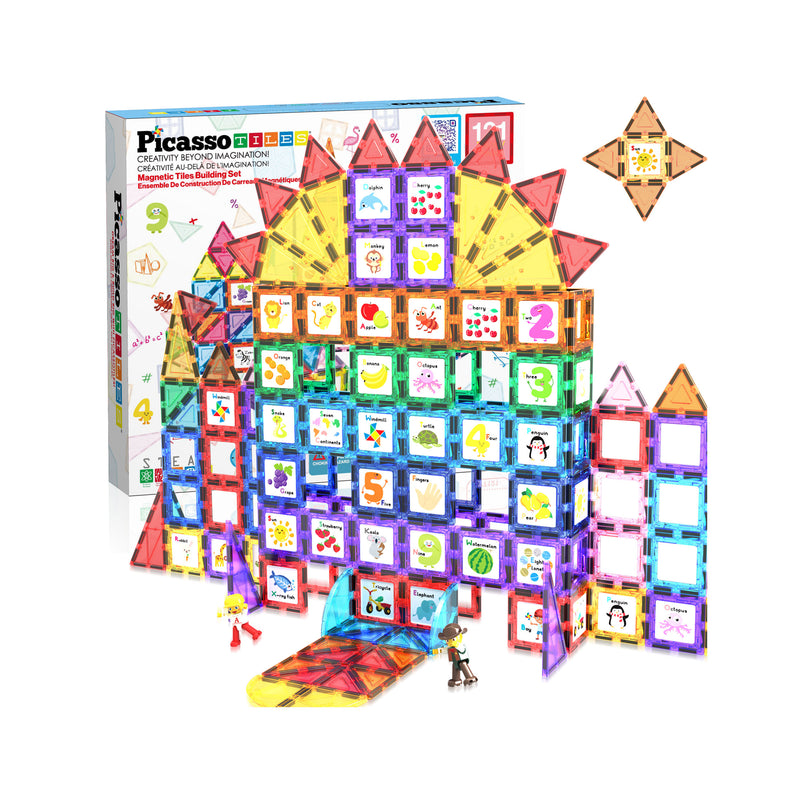 PicassoTiles structure built with colorful square and triangle tiles featuring a variety of educational illustration inserts.