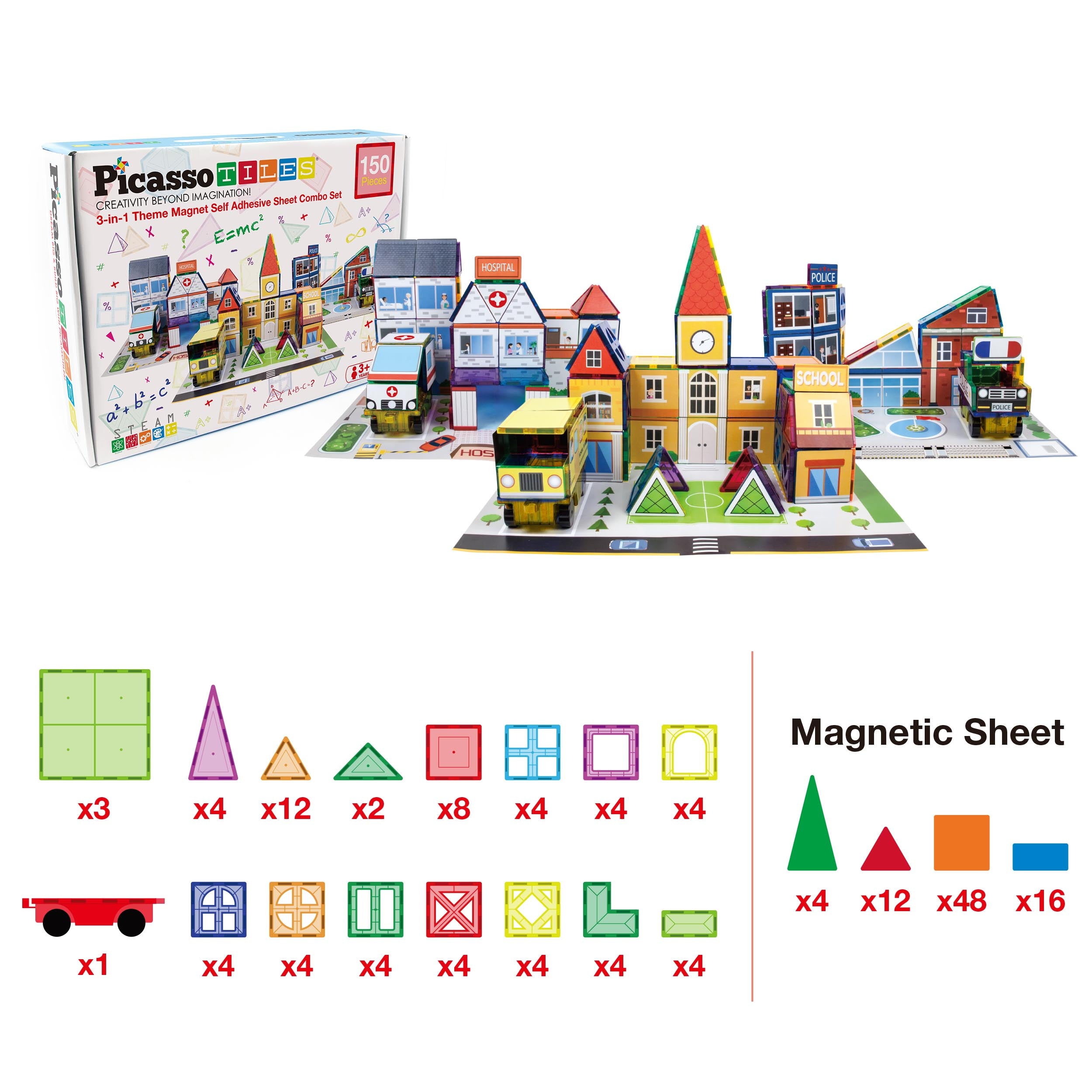 PicassoTiles Imaginative Magnet Tile Cityscape Set with Adhesive