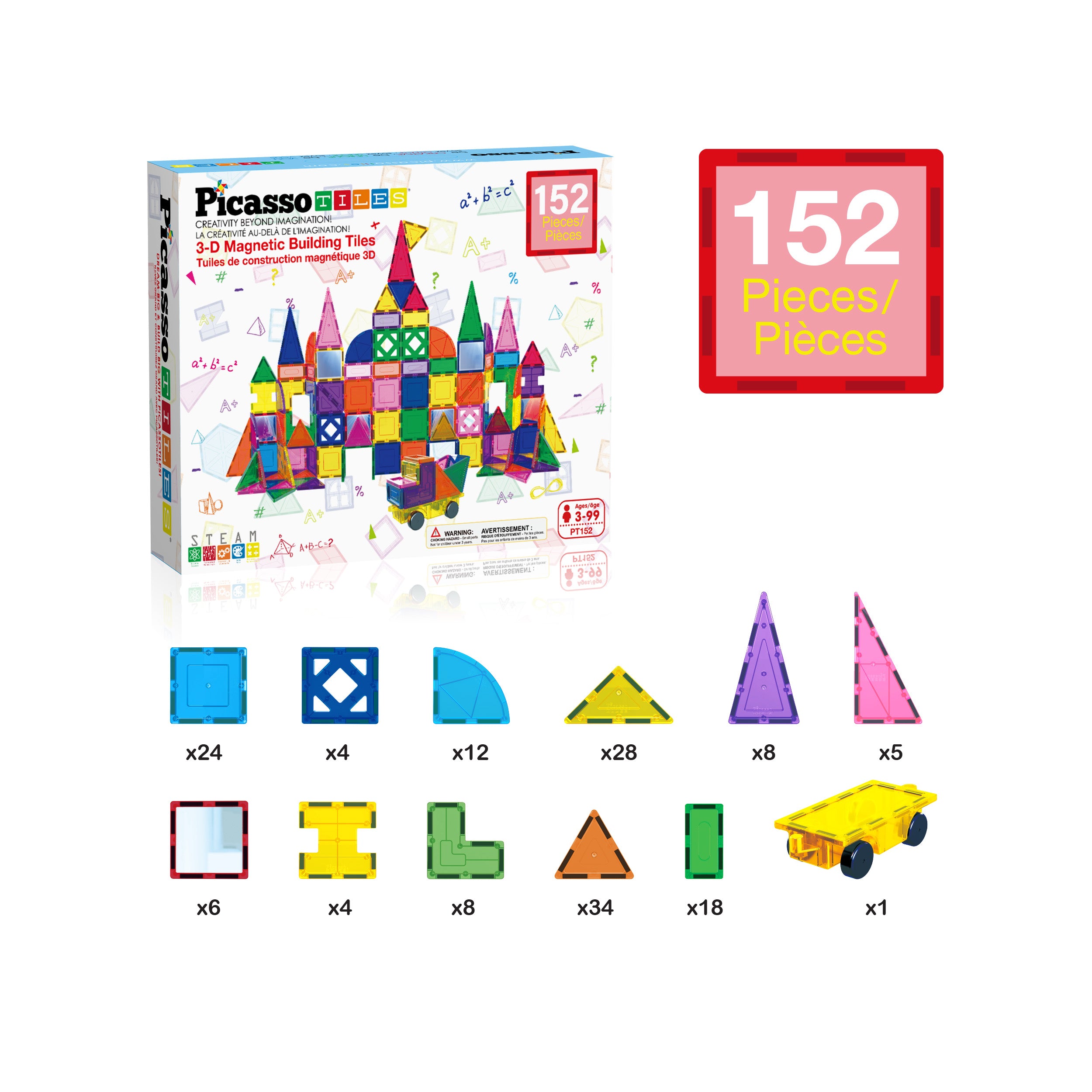 PicassoTiles 152pc Magnetic Tiles Mirror Tiles Design Set