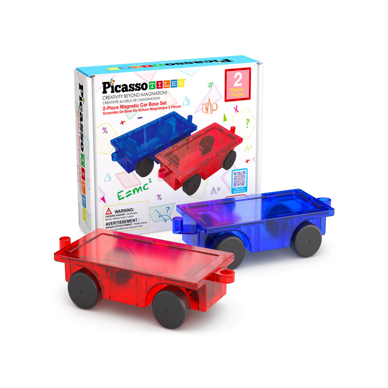 Red car and blue truck bases ready for magnet tile building ready