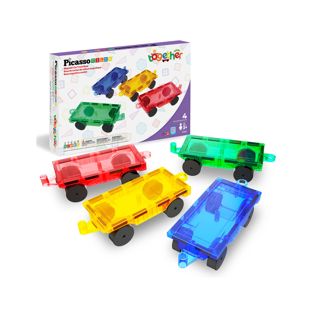 PicassoTiles 4-piece magnetic train car set box next to four translucent toy vehicles in red, green, yellow, and blue.