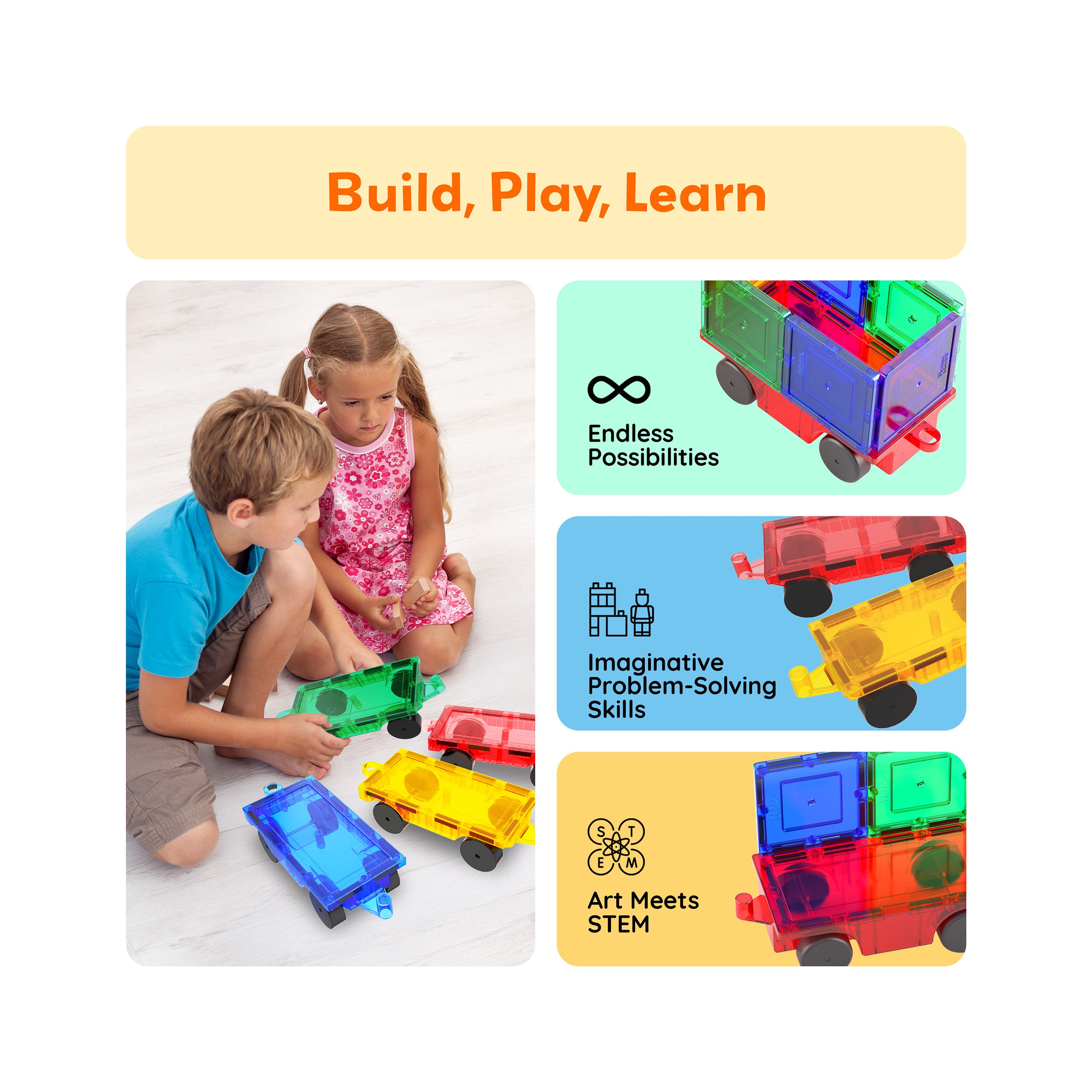 PicassoTiles 4pc Magnetic Car & Truck Base for Magnet Tile Building