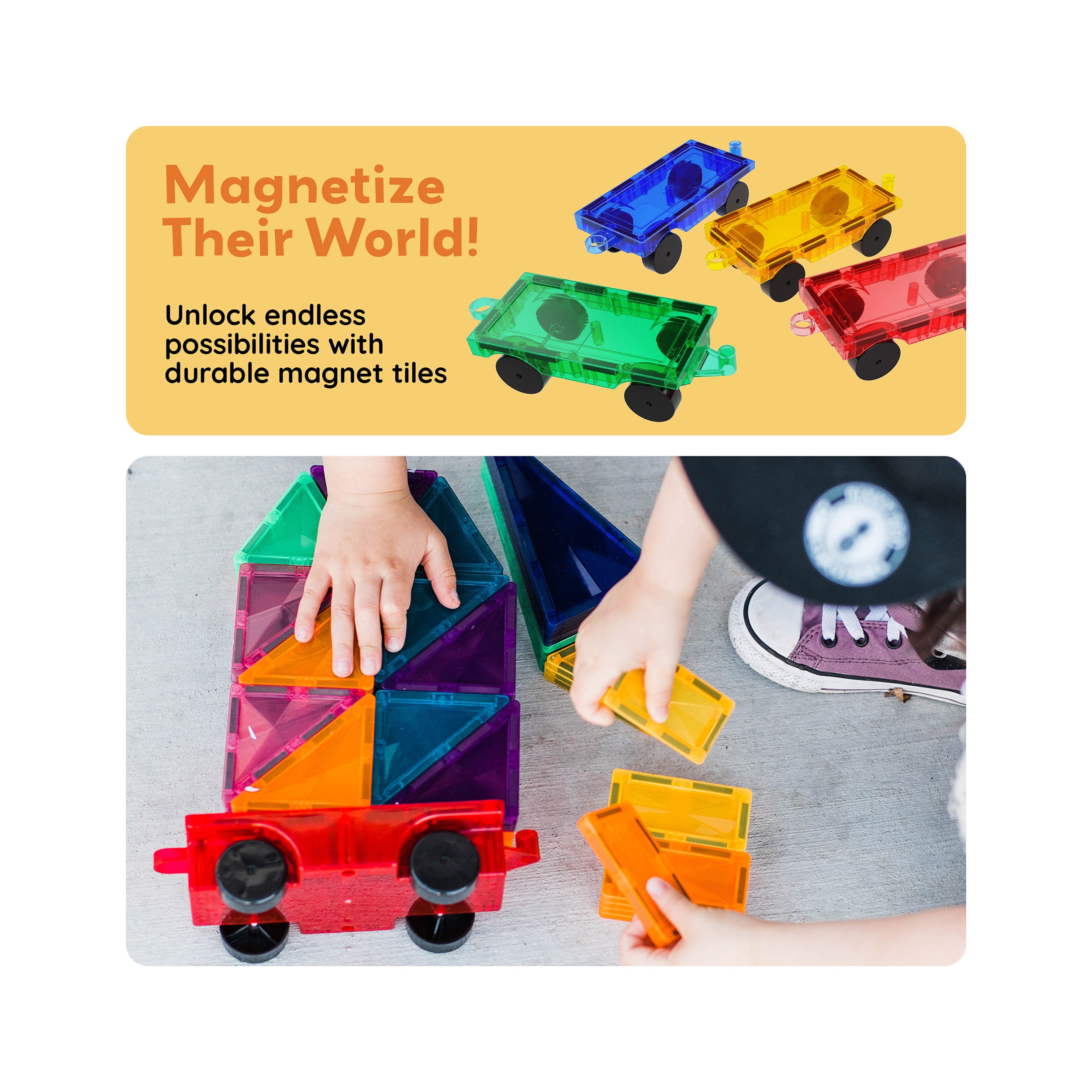 PicassoTiles 4pc Magnetic Car & Truck Base for Magnet Tile Building