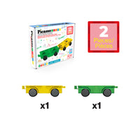 Picasso 2-piece magnetic building toy set showing the retail box, a red badge indicating 2 pieces, and two loose magnetic train cars in yellow and green on a white background.