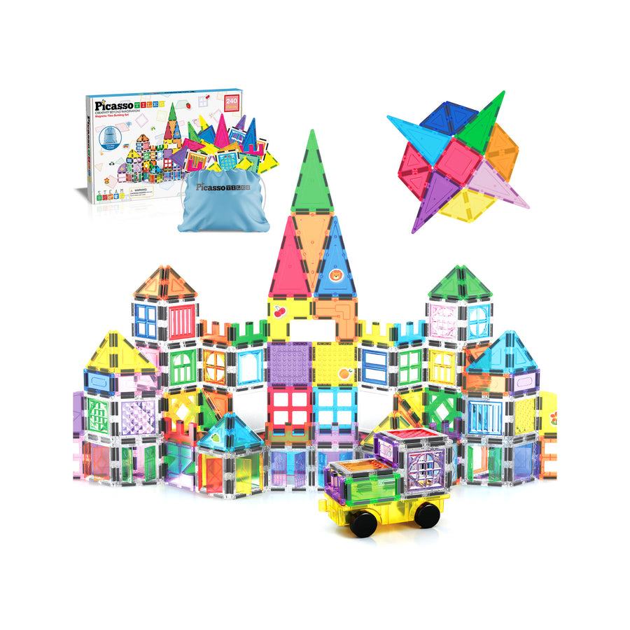 PicassoTiles 240pc 2-in-1 Magnetic Tiles & Building Bricks Set with Car Base, Stickers & Storage Bag