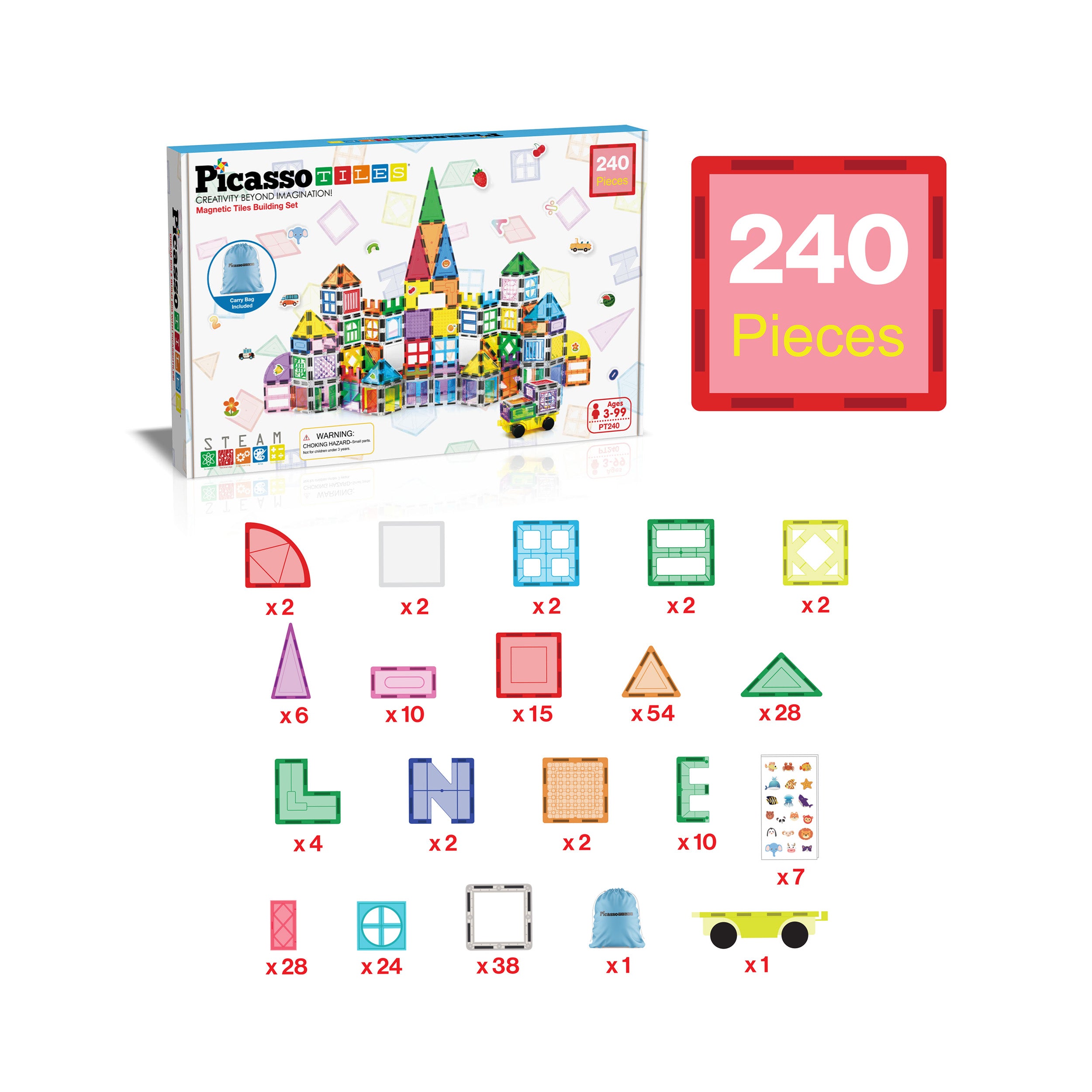 PicassoTiles 240 Piece Magnetic Building Set: Includes Storage Bag, Themed Stickers & Car Base