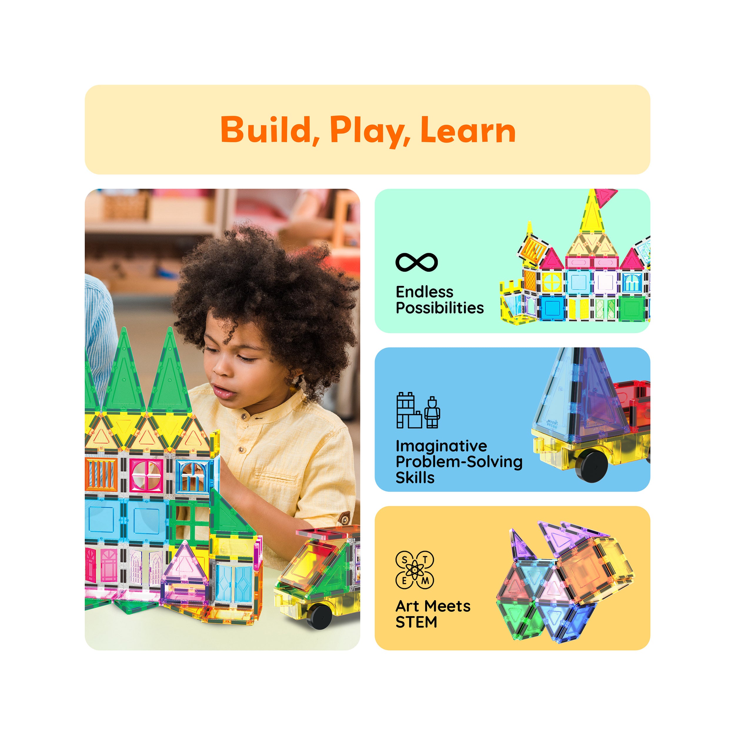 240pc Magnetic Tiles Building Set with Car Base | PicassoTiles