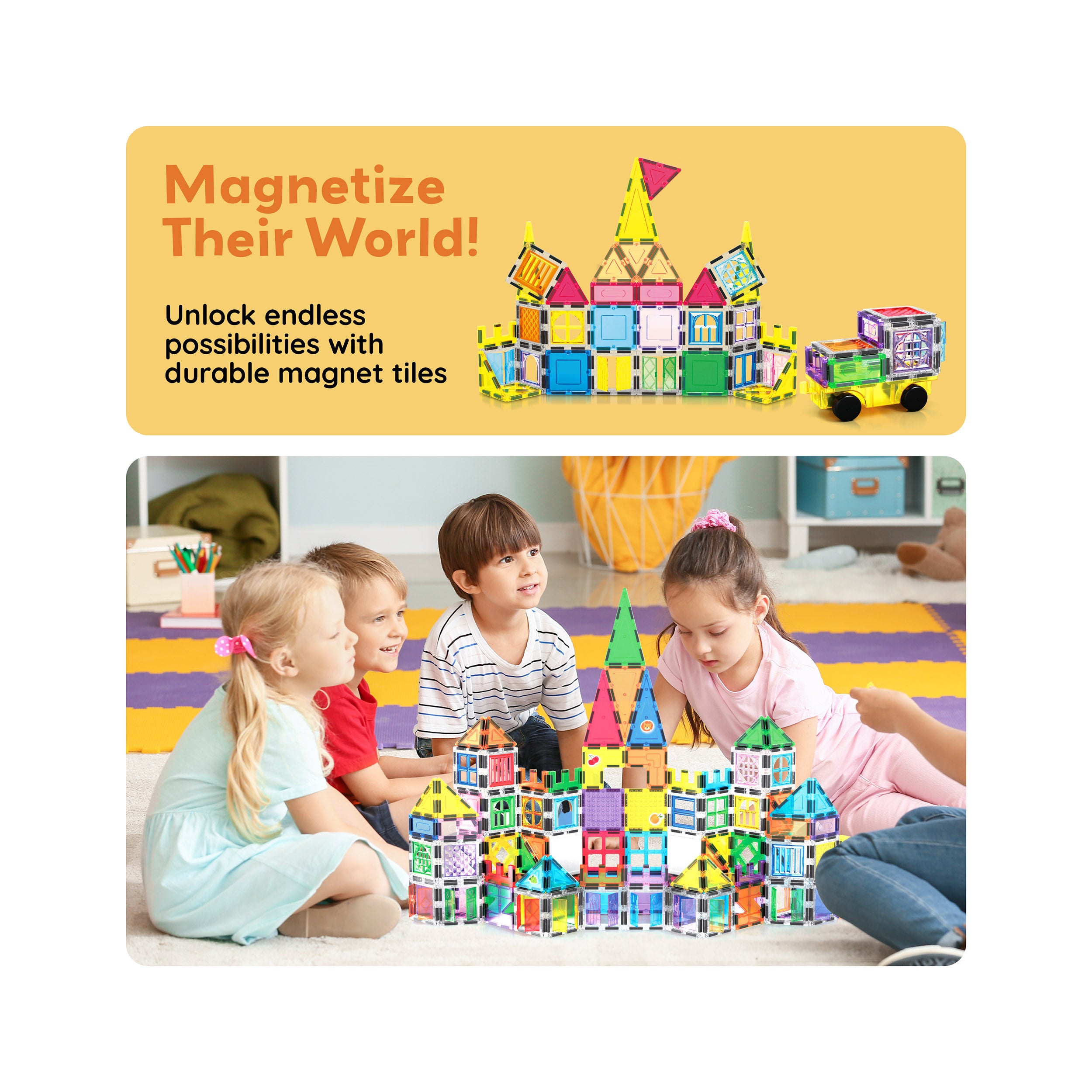 240pc Magnetic Tiles Building Set with Car Base | PicassoTiles