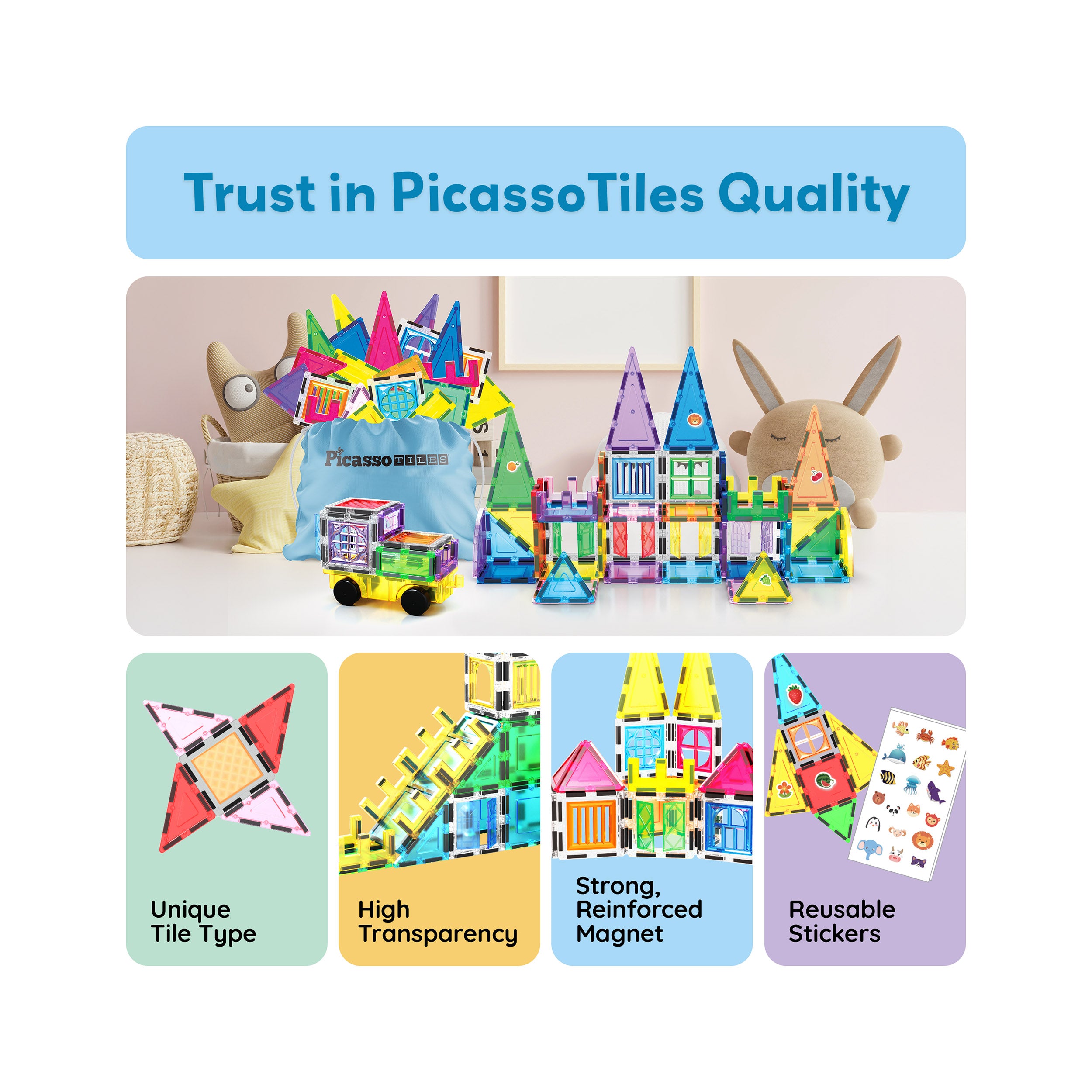 ピカソ　タイル　置物 240pc Magnetic Tiles Building Set with Car Base | PicassoTiles
