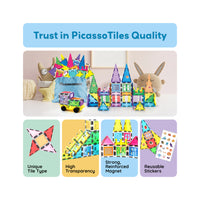 PicassoTiles 240 Piece Magnetic Building Set: Includes Storage Bag, Themed Stickers & Car Base