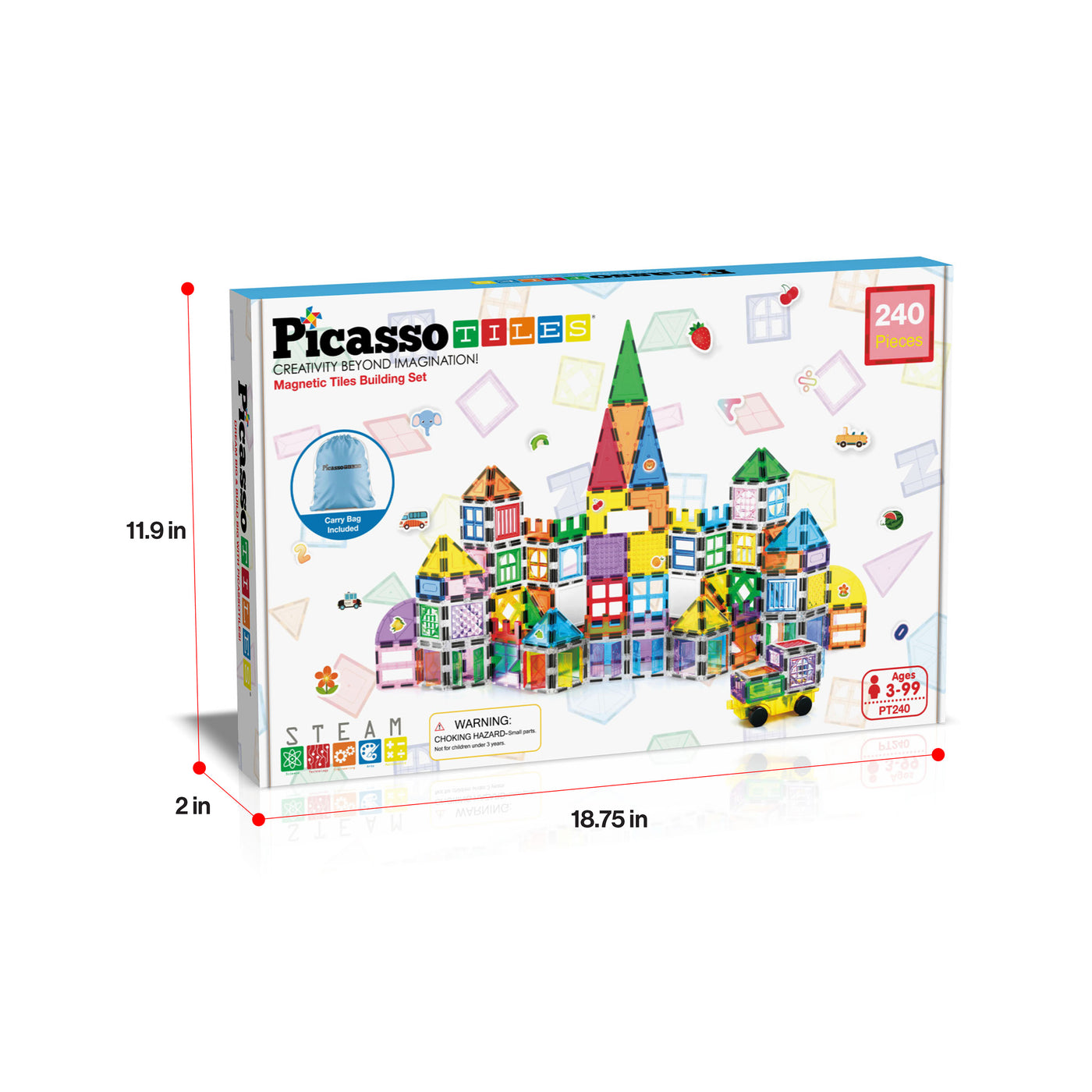 PicassoTiles 240 Piece Magnetic Building Set: Includes Storage Bag, Themed Stickers & Car Base