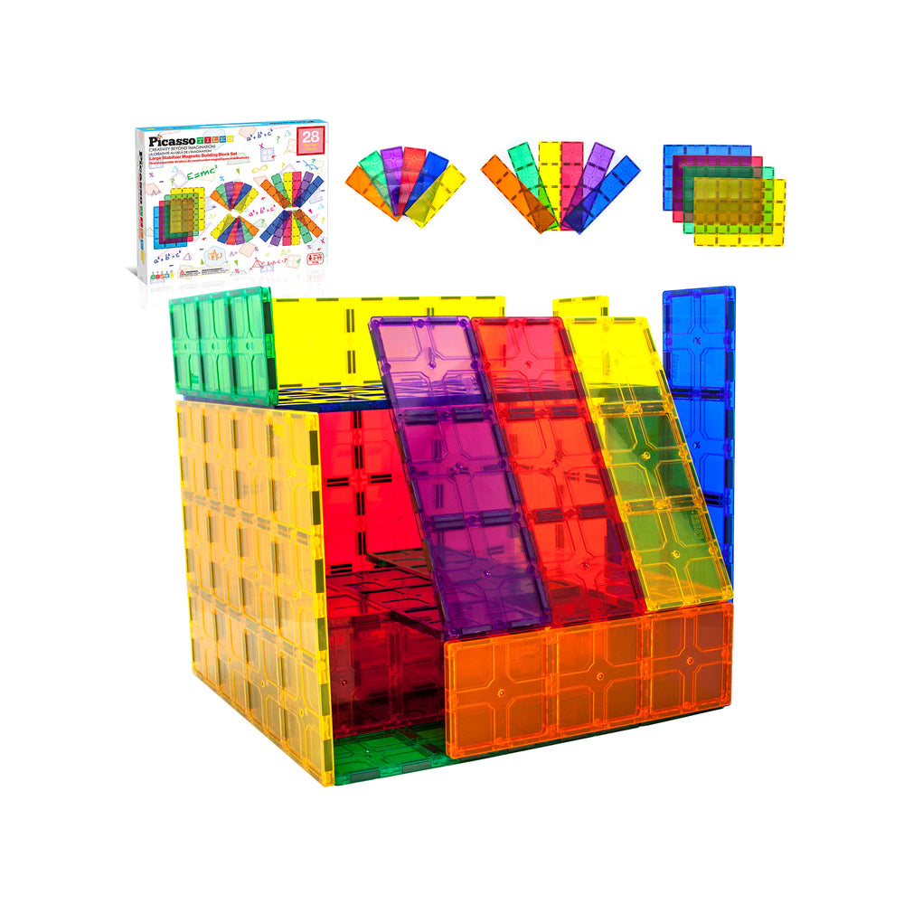 A large magnetic tile structure with sloped ramps next to its 28-piece product box and tile graphics.