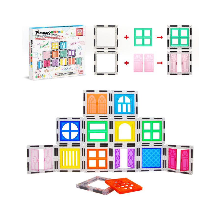 PicassoTiles Magnetic Tile Construction Kit with Swappable Clip-Ons - 30 Pieces
