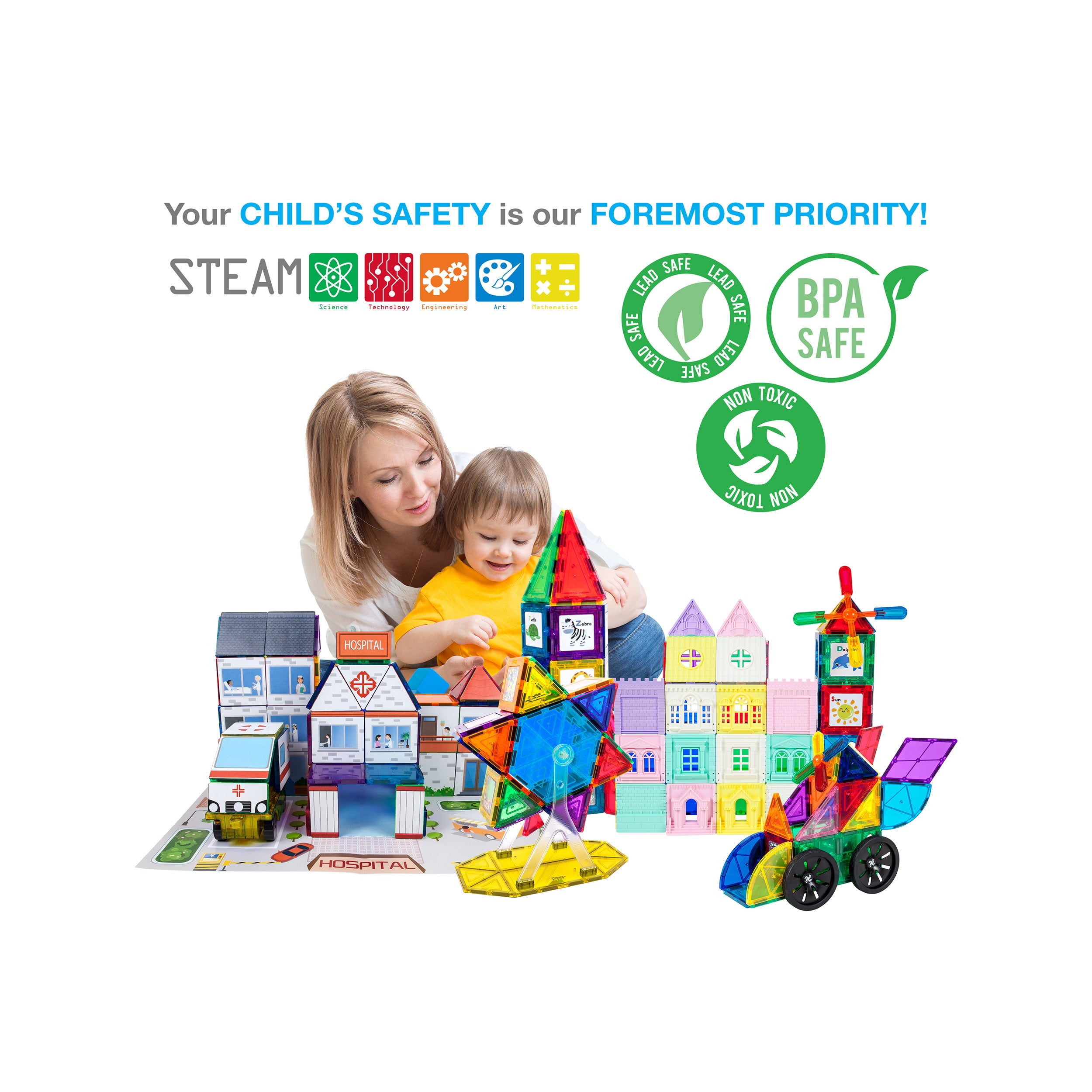 PicassoTiles 3in1 School, Hospital, and Police Station Building Blocks Set