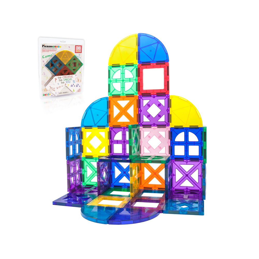 Magnetic tiles arranged into a colorful arch and wall structure with quarter rounds and windows.
