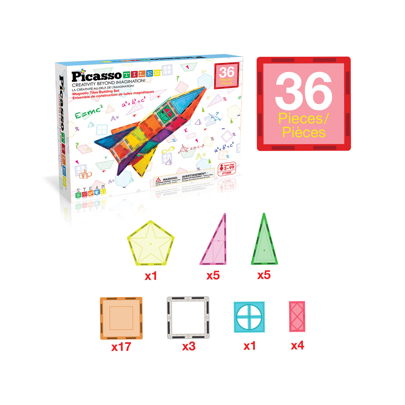 PicassoTiles 36pc Rocket Ship Magnetic Building Block Set