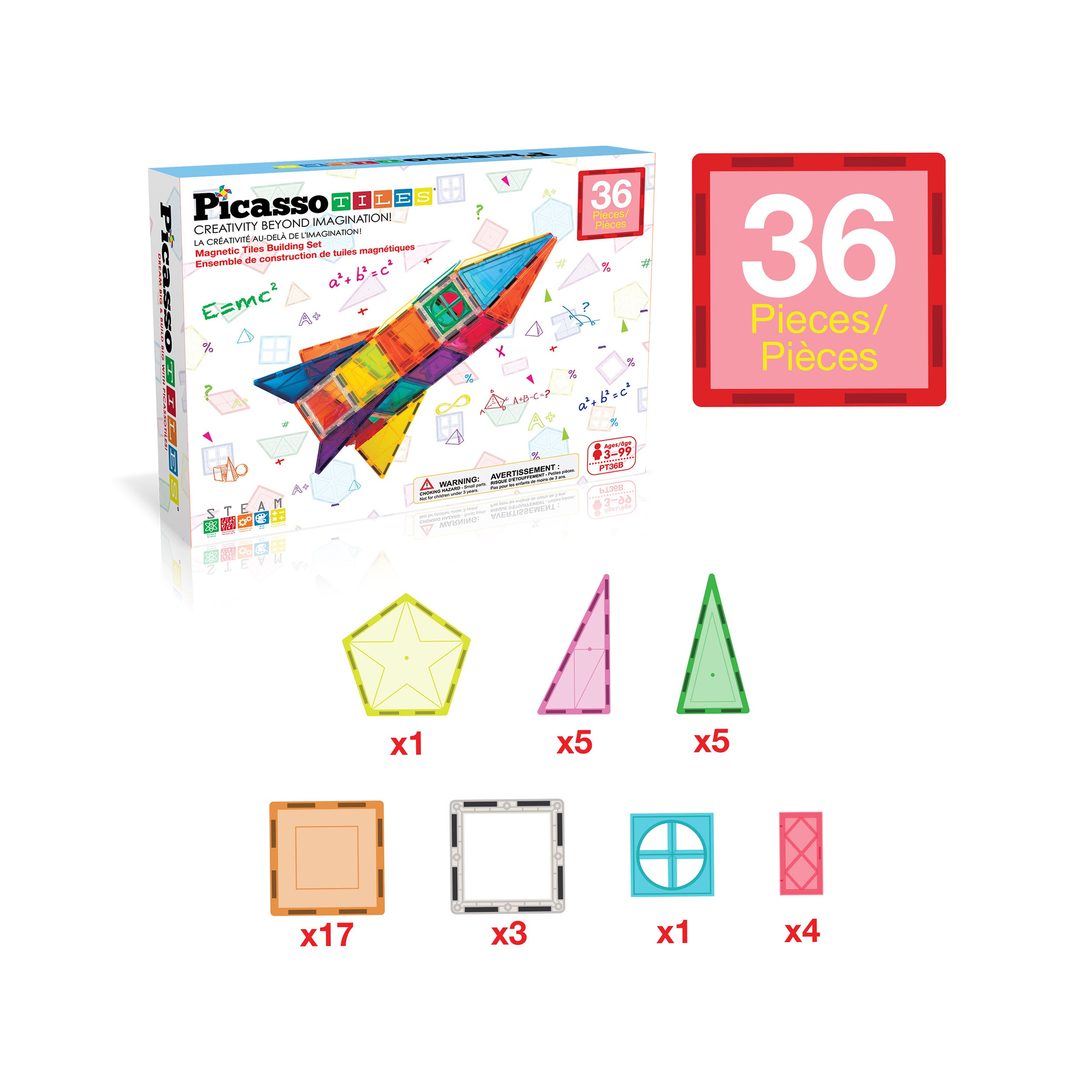 PicassoTiles 36pc Rocket Ship Magnetic Building Block Set