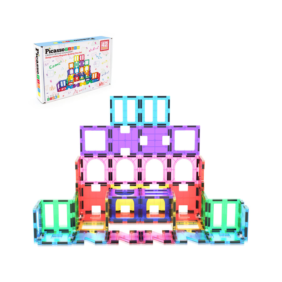 PicassoTiles Magnetic Tile Building Set with Unique Shapes - 42 Pieces