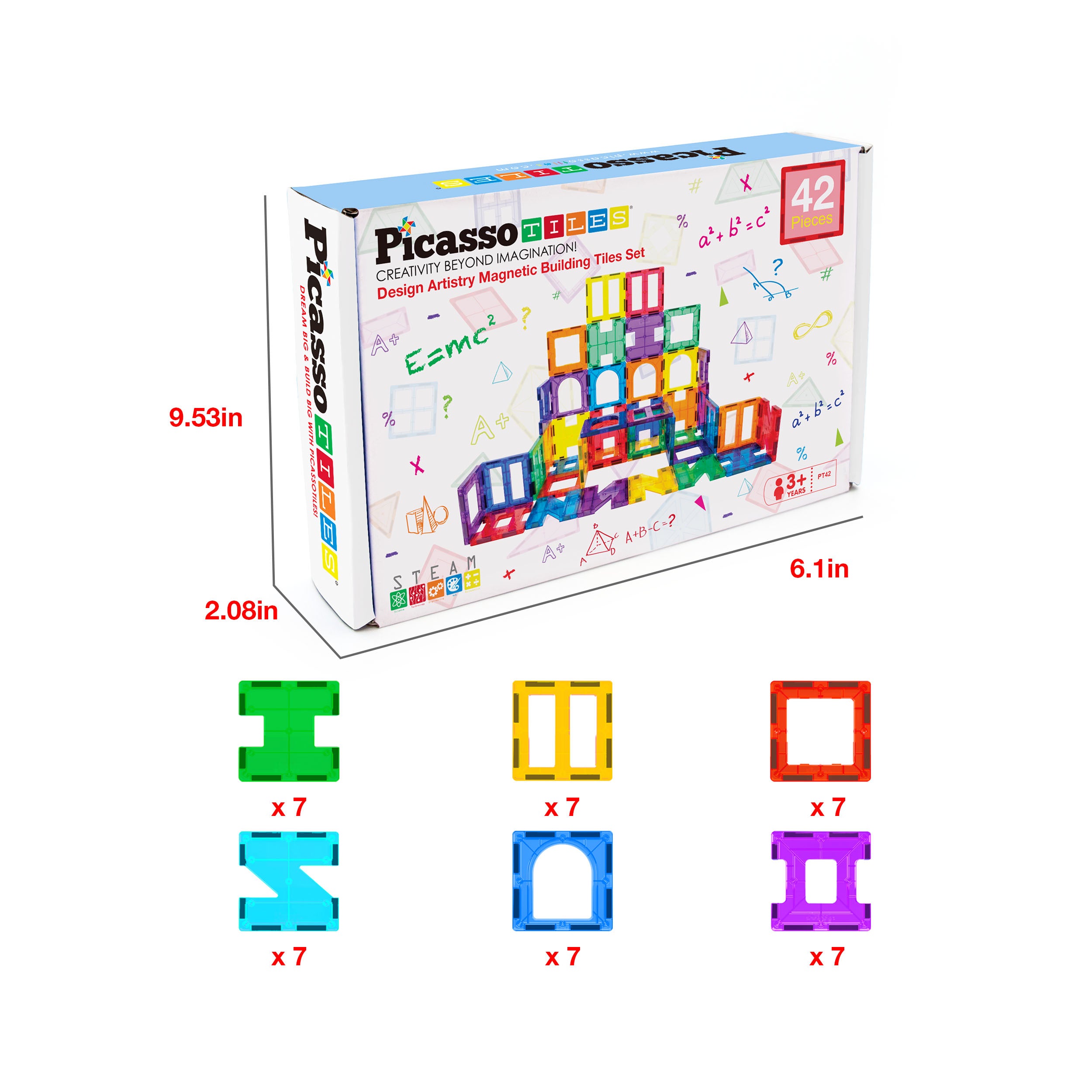 PicassoTiles Magnetic Tile Building Set with Unique Shapes - 42 Pieces