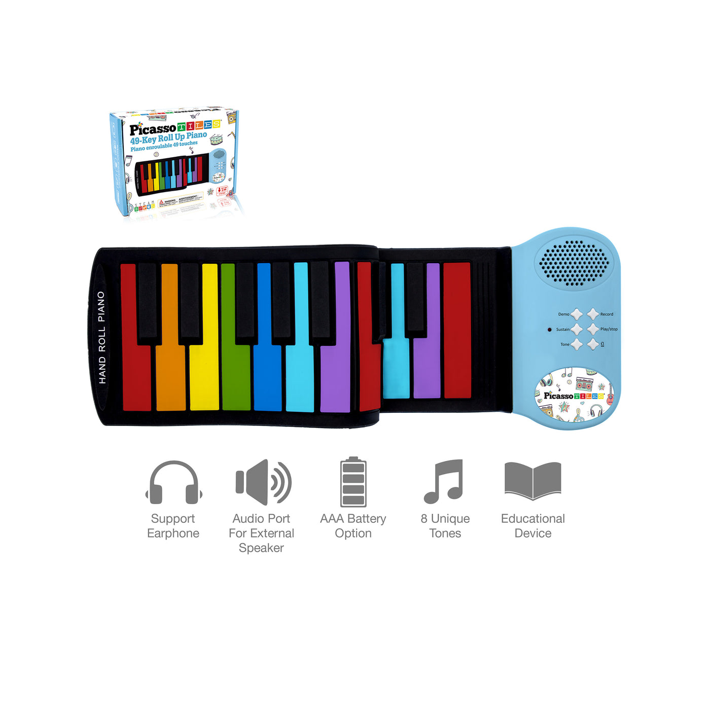 PicassoTiles Kid's 49 Colorful Key Roll-Up Educational Keyboard