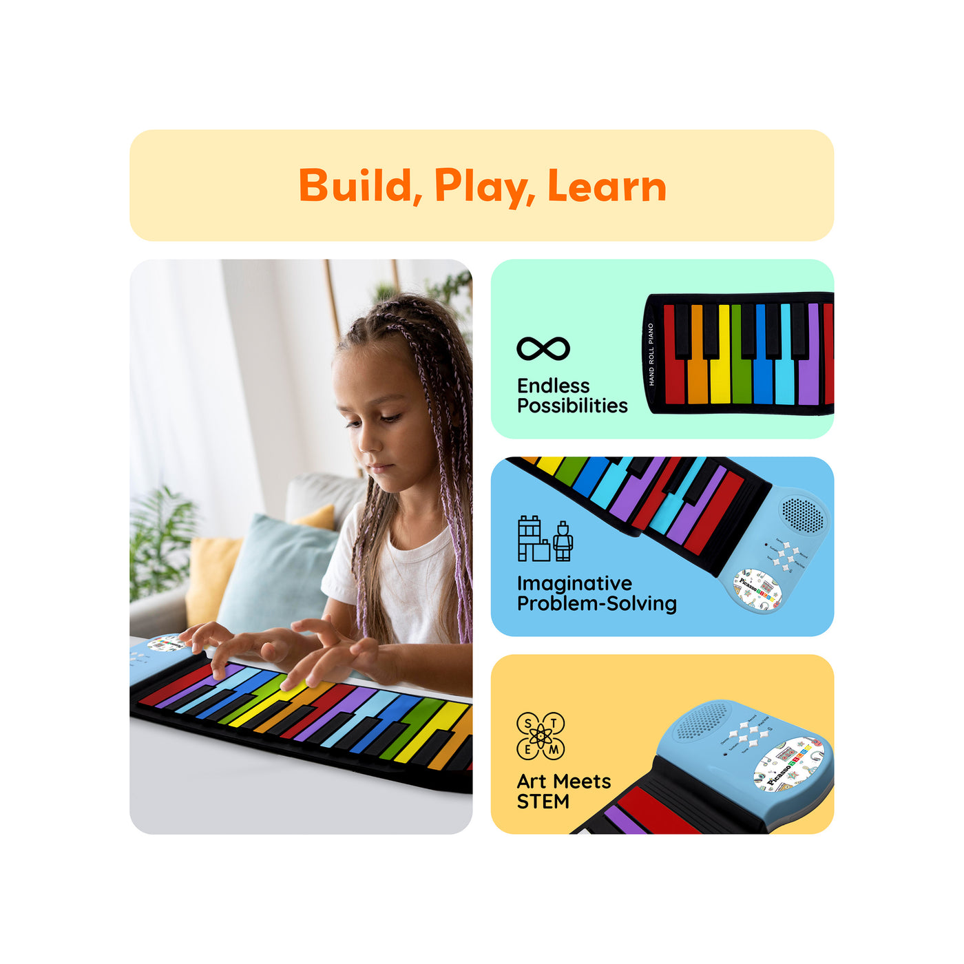 PicassoTiles Kid's 49 Colorful Key Roll-Up Educational Keyboard